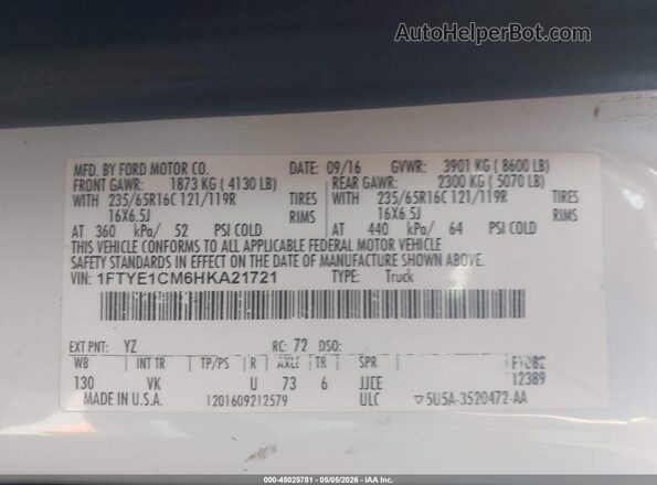 1FTYE1CM6HKA21721 2017 FORD TRANSIT-150 White 