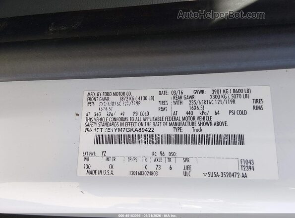 1FTYE1YM7GKA89422 2016 FORD TRANSIT-150 White 