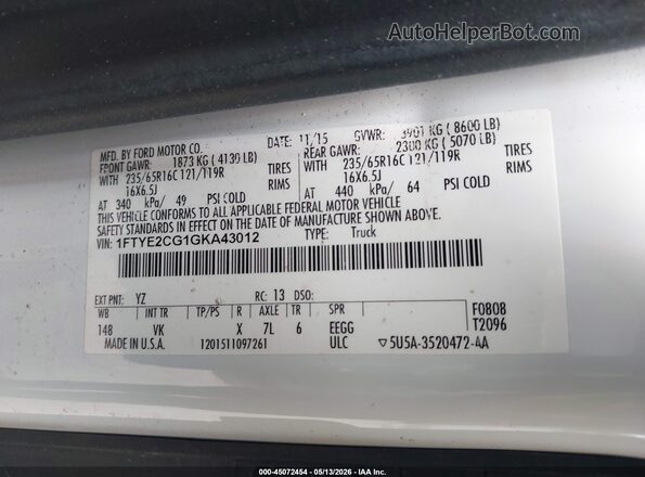 1FTYE2CG1GKA43012 2016 FORD TRANSIT-150 White Вид підкапотного простору