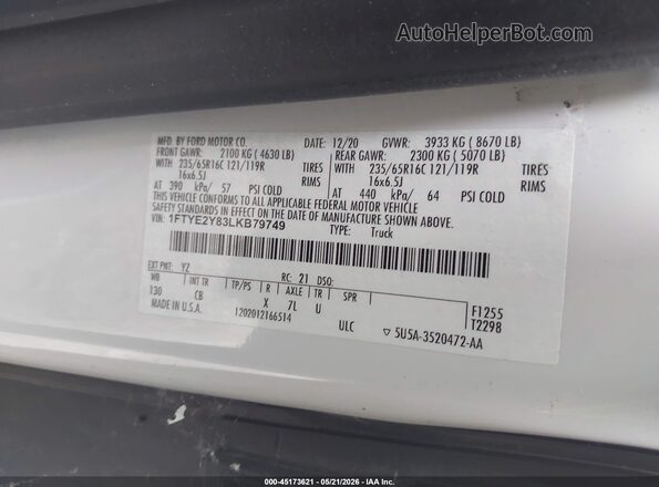 1FTYE2Y83LKB79749 2020 FORD TRANSIT-150 White Vista del compartimento del motor