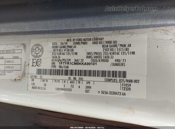 1FTYR1CM8KKA90101 2019 FORD TRANSIT-250 Белый Вид подкапотного пространства