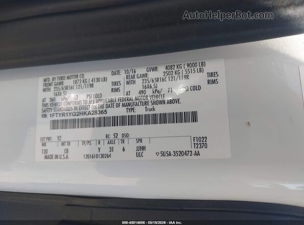1FTYR1YG2HKA28365 2017 FORD TRANSIT-250 White Engine compartment view