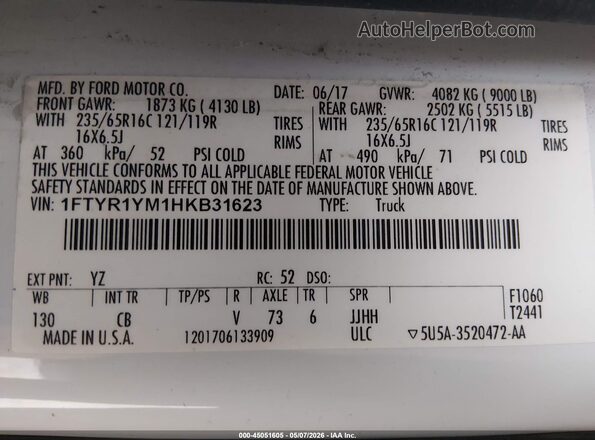 1FTYR1YM1HKB31623 2017 FORD TRANSIT-250 White Շարժիչի բաժամունքի տեսք