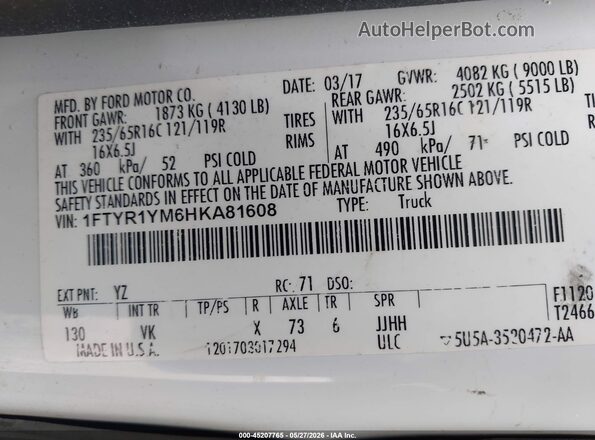 1FTYR1YM6HKA81608 2017 FORD TRANSIT-250 White Widok komory silnika