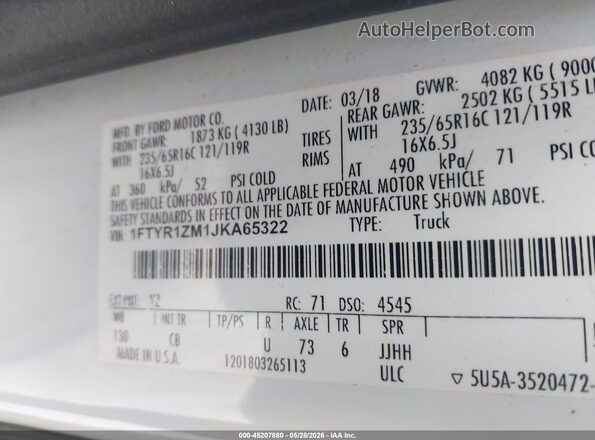 1FTYR1ZM1JKA65322 2018 FORD TRANSIT-250 White Vista del compartimento del motor