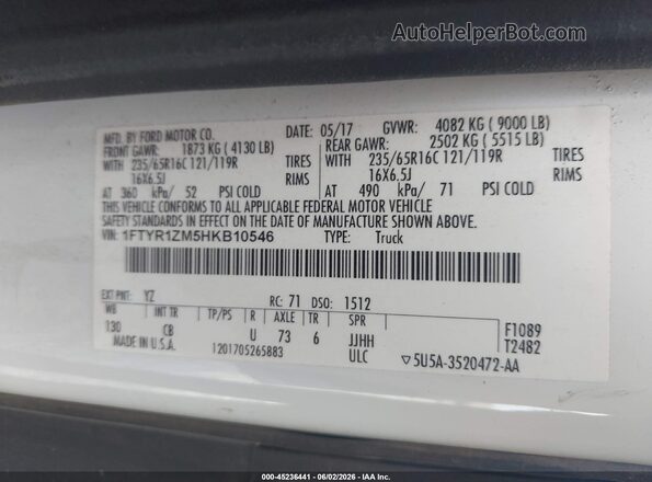 1FTYR1ZM5HKB10546 2017 FORD TRANSIT-250 White ძრავის განყოფილების ხედი