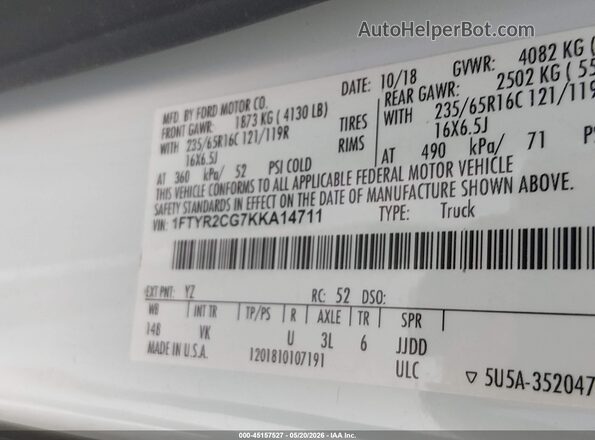 1FTYR2CG7KKA14711 2019 FORD TRANSIT-250 White Vista del compartimento del motor