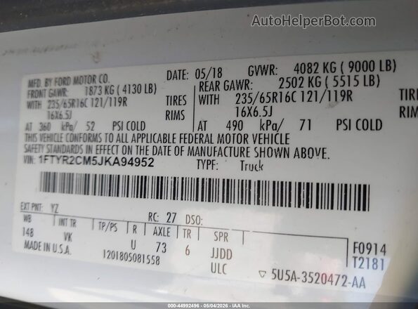 1FTYR2CM5JKA94952 2018 FORD TRANSIT-250 White Շարժիչի բաժամունքի տեսք