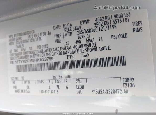 1FTYR2CM8HKA28759 2017 FORD TRANSIT-250 White ძრავის განყოფილების ხედი