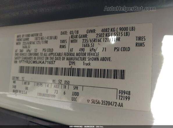 1FTYR2CM9JKA71657 2018 FORD TRANSIT-250 White Вид підкапотного простору