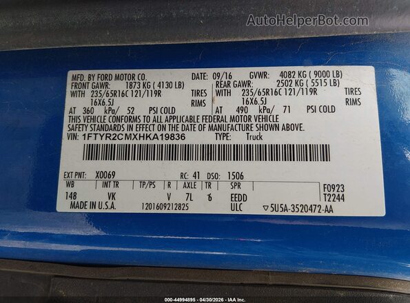 1FTYR2CMXHKA19836 2017 FORD TRANSIT-250 Blue Engine compartment view