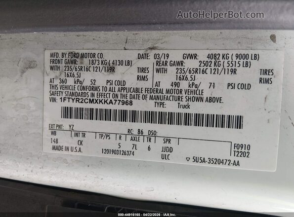 1FTYR2CMXKKA77968 2019 FORD TRANSIT-250 White 