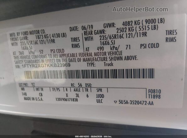 1FTYR2XG7KKB23969 2019 FORD TRANSIT-250 White 