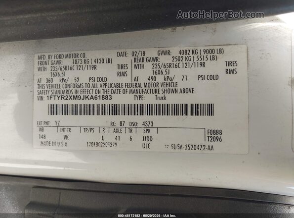 1FTYR2XM9JKA61883 2018 FORD TRANSIT-250 Белый Вид подкапотного пространства