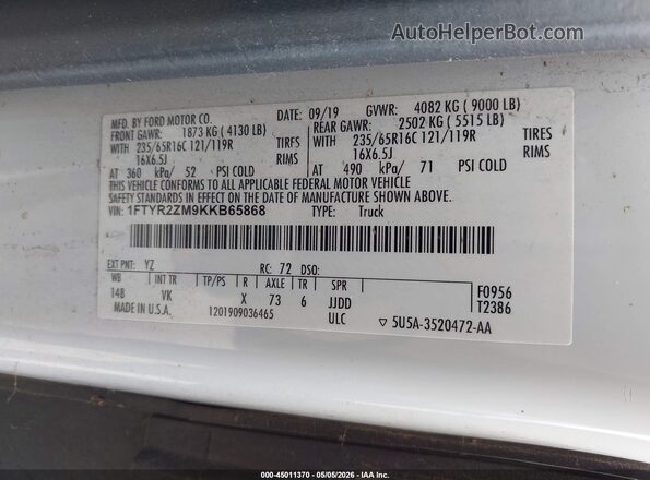 1FTYR2ZM9KKB65868 2019 FORD TRANSIT-250 White Vista del compartimento del motor