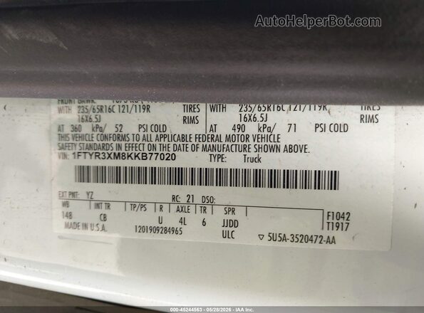 1FTYR3XM8KKB77020 2019 FORD TRANSIT-250 White 