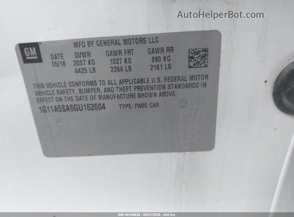 1G11A5SA6GU162604 2016 CHEVROLET MALIBU White ძრავის განყოფილების ხედი