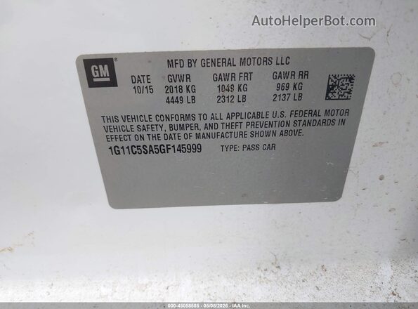 1G11C5SA5GF145999 2016 CHEVROLET MALIBU White 