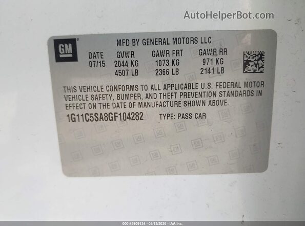 1G11C5SA8GF104282 2016 CHEVROLET MALIBU White ძრავის განყოფილების ხედი