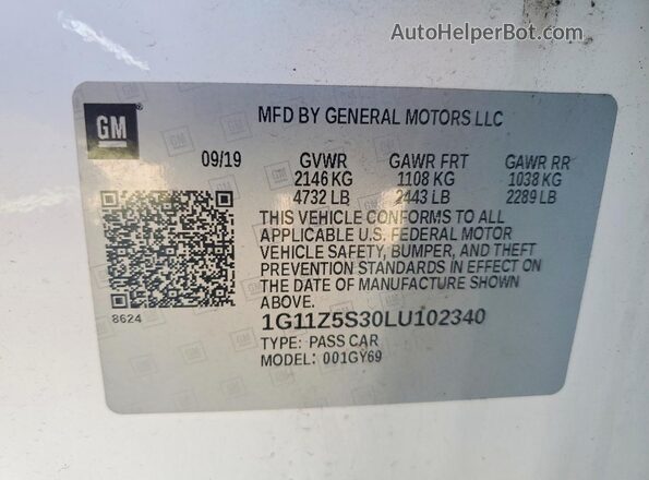 1G11Z5S30LU102340 2020 CHEVROLET IMPALA White VIN կոդի պիտակի տեսք