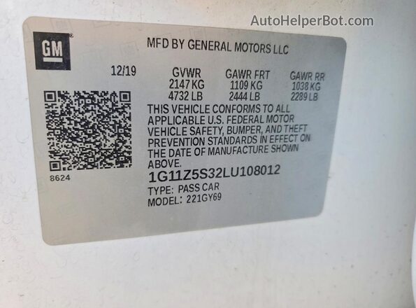 1G11Z5S32LU108012 2020 CHEVROLET IMPALA White 