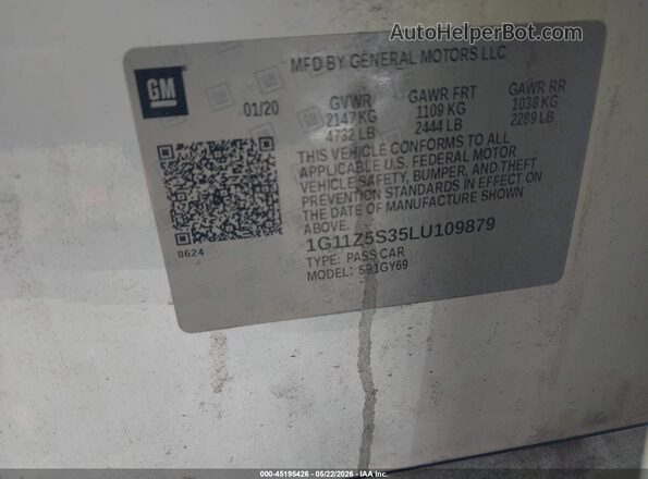 1G11Z5S35LU109879 2020 CHEVROLET IMPALA Белый Вид подкапотного пространства