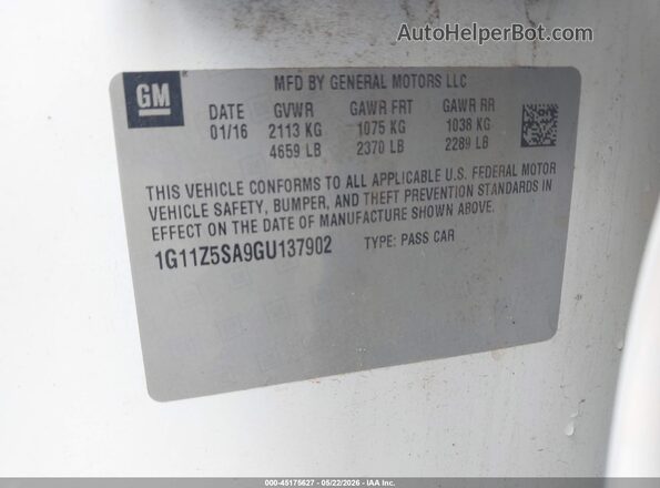 1G11Z5SA9GU137902 2016 CHEVROLET IMPALA Белый Вид подкапотного пространства