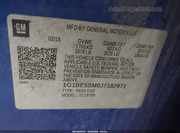 1G1BE5SM0J7182971 2018 CHEVROLET CRUZE Blue Widok komory silnika