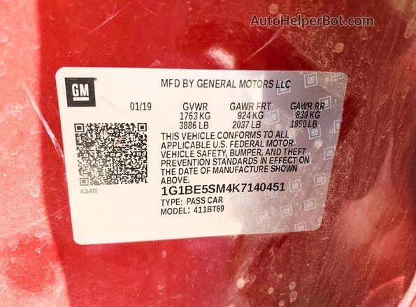 1G1BE5SM4K7140451 2019 CHEVROLET CRUZE Темно-бордовый 