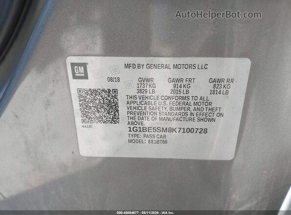 1G1BE5SM8K7100728 2019 CHEVROLET CRUZE Gray Вид підкапотного простору