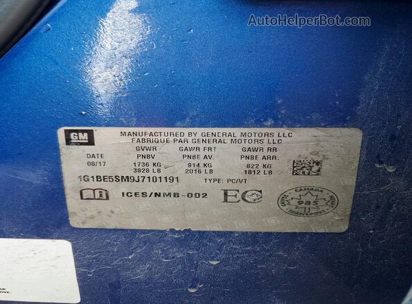 1G1BE5SM9J7101191 2018 CHEVROLET CRUZE Синий 
