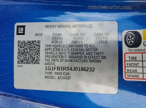 1G1FB1RS4J0186232 2018 CHEVROLET CAMARO Blue 