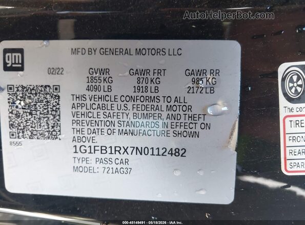 1G1FB1RX7N0112482 2022 CHEVROLET CAMARO Black ძრავის განყოფილების ხედი