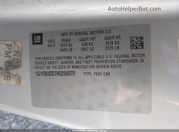 1G1FB3DS7H0200878 2017 CHEVROLET CAMARO Silver Vista del compartimento del motor