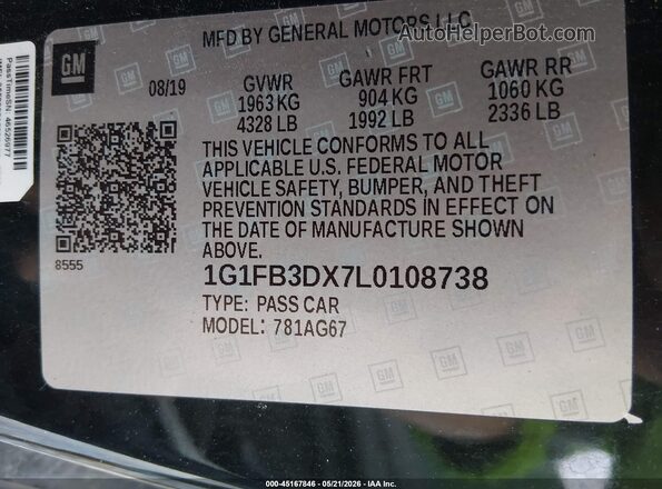 1G1FB3DX7L0108738 2020 CHEVROLET CAMARO Black Շարժիչի բաժամունքի տեսք