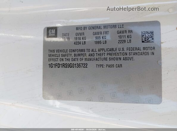 1G1FD1RS9G0136722 2016 CHEVROLET CAMARO White ძრავის განყოფილების ხედი