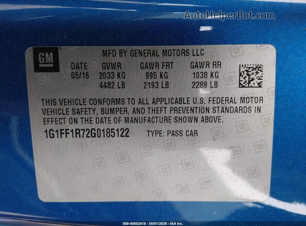 1G1FF1R72G0185122 2016 CHEVROLET CAMARO Blue Вид підкапотного простору