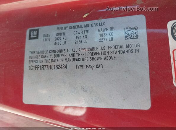 1G1FF1R77H0162484 2017 CHEVROLET CAMARO Red Вид підкапотного простору