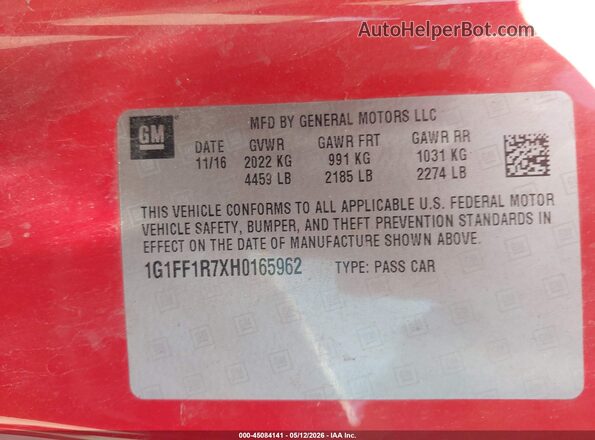 1G1FF1R7XH0165962 2017 CHEVROLET CAMARO Red 