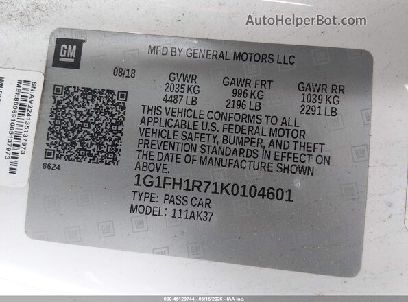 1G1FH1R71K0104601 2019 CHEVROLET CAMARO White 