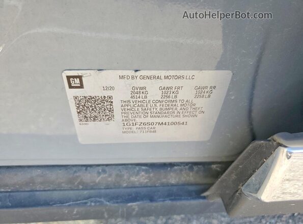 1G1FZ6S07M4100541 2021 CHEVROLET BOLT Серый Вид наклейки с VIN-кодом