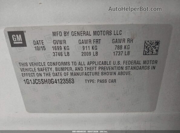 1G1JC5SH0G4123563 2016 CHEVROLET SONIC Silver Widok komory silnika
