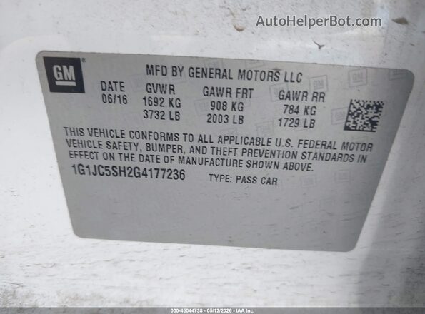 1G1JC5SH2G4177236 2016 CHEVROLET SONIC White ძრავის განყოფილების ხედი