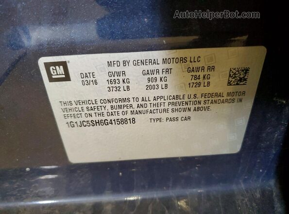 1G1JC5SH6G4158818 2016 CHEVROLET SONIC Blue Вид підкапотного простору