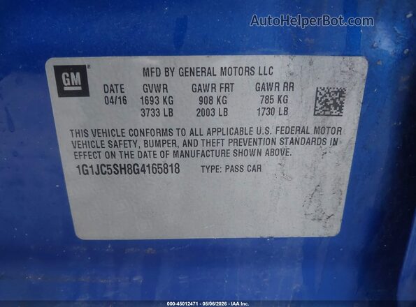 1G1JC5SH8G4165818 2016 CHEVROLET SONIC Blue Engine compartment view