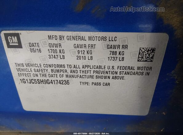 1G1JC5SH9G4174236 2016 CHEVROLET SONIC Blue 