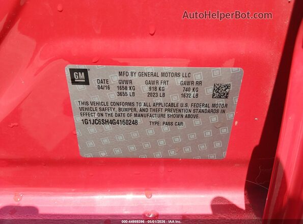1G1JC6SH4G4160248 2016 CHEVROLET SONIC Red Vista del compartimento del motor