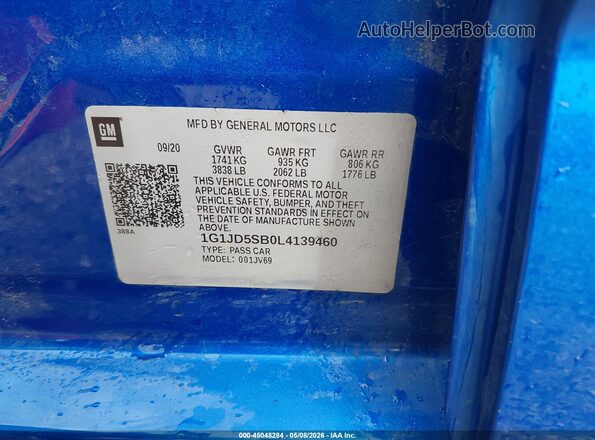 1G1JD5SB0L4139460 2020 CHEVROLET SONIC Blue Вид підкапотного простору