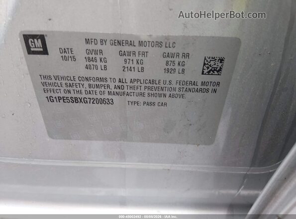 1G1PE5SBXG7200633 2016 CHEVROLET CRUZE Silver 