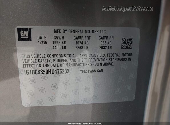 1G1RC6S50HU176232 2017 CHEVROLET VOLT Gray 